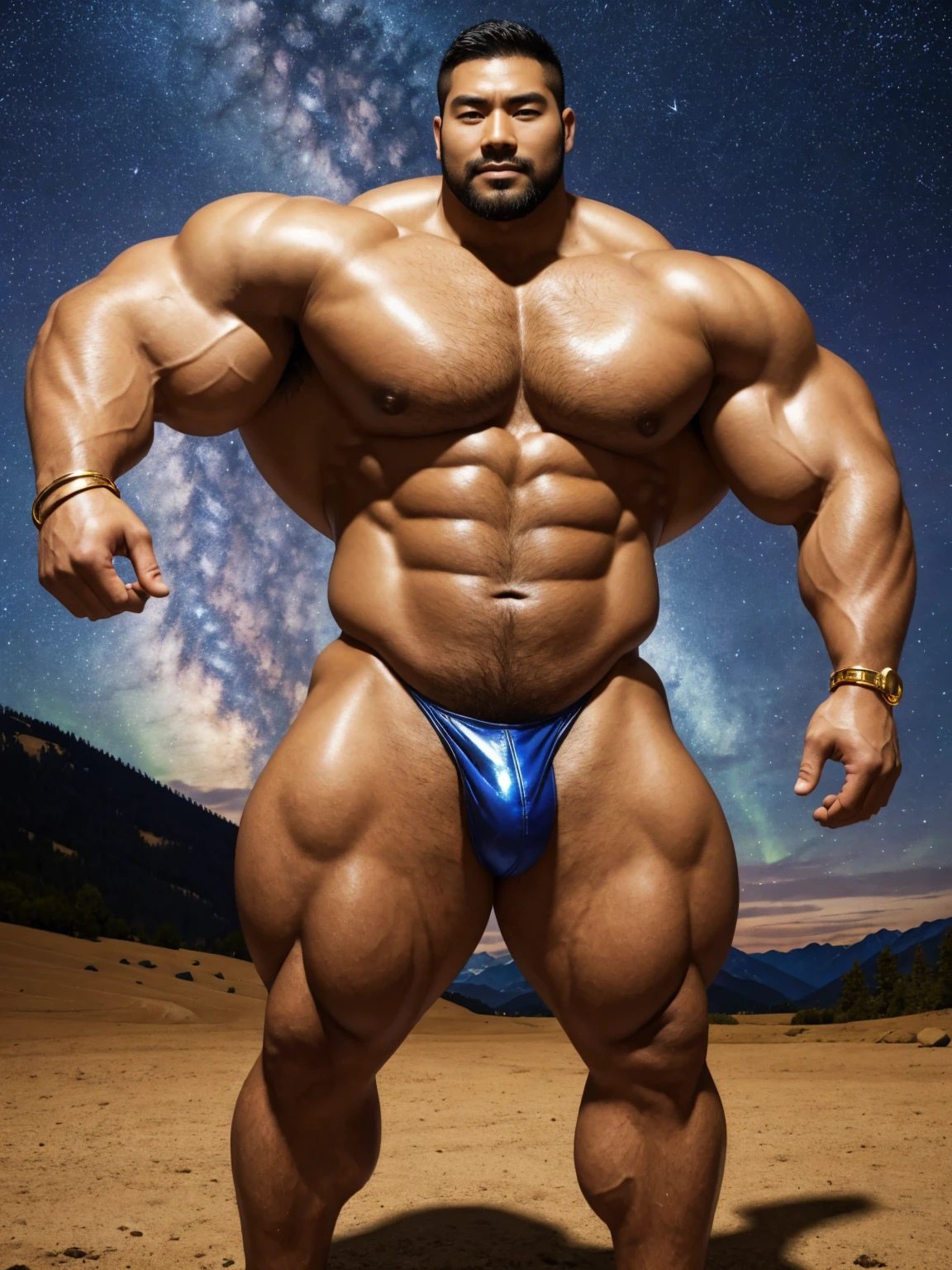 There is only one handsome Chinese man in the photo,35 years old,tall, Fitness,Smooth body,Smooth skin,No chest hair,short hair, O-Shaped Beard,Perfect body, Dark skin color,Radiant Skin,Smooth skin,Shiny, shiny skin,Smooth pectoral muscles,Muscle bulge, muscular, Very large pectoral muscles,Very sexy abdominal muscles,Very well-developed leg muscles,Huge concave and convex area,Brightens oily skin,Wearing a shiny gold leather thong,Handsome face,Normal human toes,Correct and accurate male body proportions,Gold Collar,Gold bracelet,Gold anklets,Standing in the Swiss landscape,Night sky,A sky full of stars,There are auroras,Colorful,Charming dream scene,Epic。