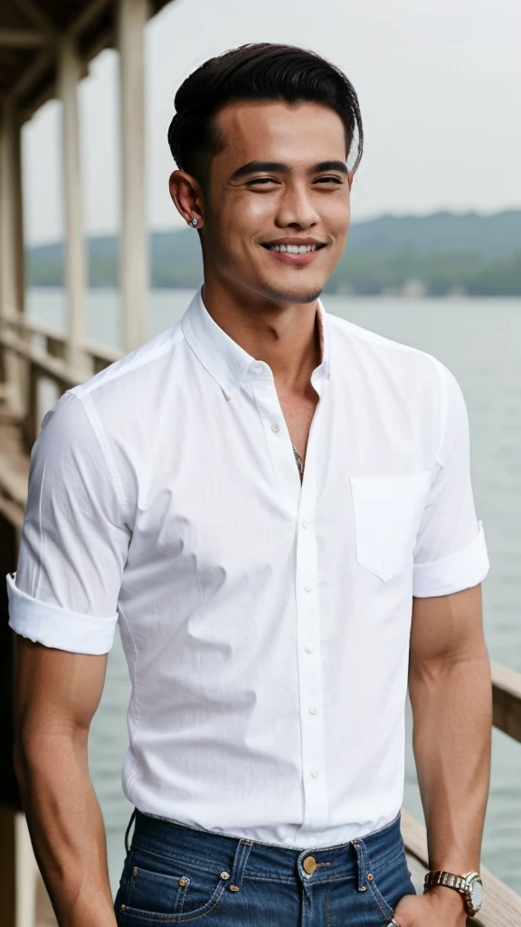 ((best quality)), ((masterpiece)), (detailed), 1man /malaysia. skinny. wear reyban. presley hairstyle. retro style. at lake. big teeth. wear shirt.
