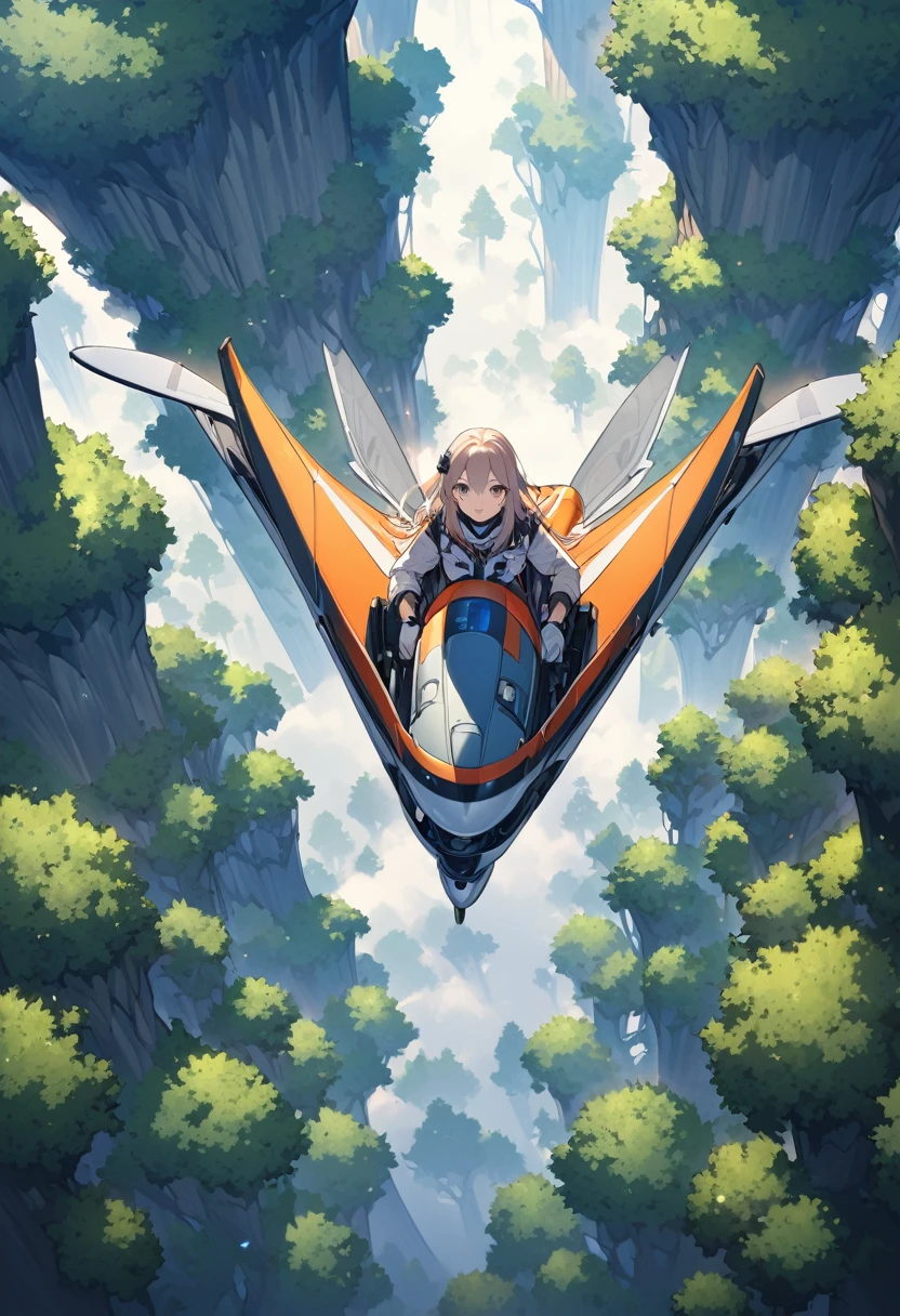 Very detailed、whole body、Woman flies over a giant forest in a jet-powered glider