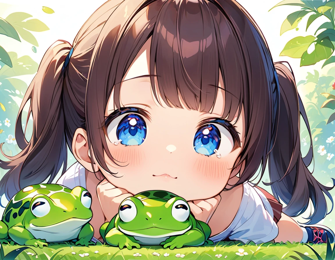 Highest quality、High resolution、Detailed Background、Beautiful face in every detail、Anatomically correct、Detailed facial expressions、fine grain、((full body, from below, side view)), ((One Girl))、Chibi Girl、Cute hair color、Big beautiful blue eyes、Braided twin tails、Elementary school, (Tank top、Ｖneck、mini skirt、Cute Shoes)、break　grassland、((Lying face down、Rest your chin on your hands and bend your knees))、Giant baby frog in front of face、Face to face with a frog、Poke with your finger、I'm a little scared、I have a lot of tears in my eyes、An expression that looks like it's about to cry、Close up hands、