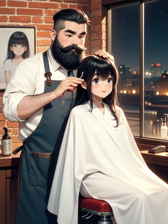 (((masterpiece))), (((Highest quality))), (((Half Body))), (((close))), ((Retro Barber Shop)), ((Two people)), (Fat bearded man wearing an apron、Comes with a mini comb for combing your hair。), ((A slender girl with long hair wearing white cloth is sitting on a swivel chair)), window, mirror, Portrait poster, Faded red brick wall,  shape, ((night)), (((Twilight))),