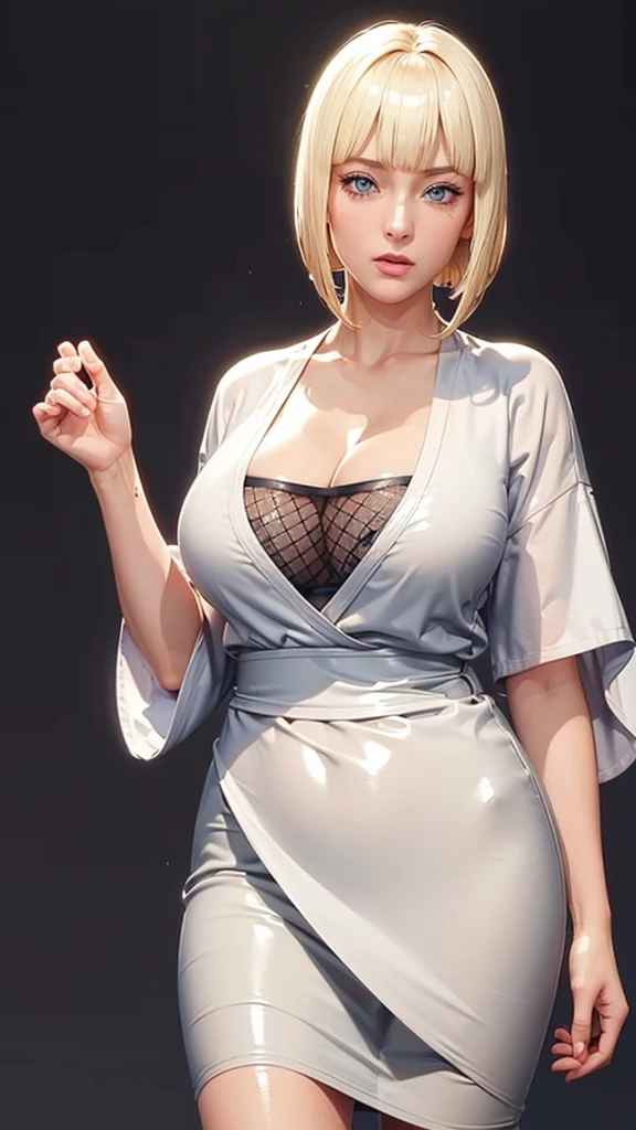 (（（Perfect body,White and tender skin,（（（BLACK KIMONO, CLEAVAGE, VAMBRACES,）））,（（（Samui, Blue eyes, blonde hair, short hair, bangs, blunt bangs,）））,((masterpiece)),high resolution, ((Best quality at best)),masterpiece,quality,Best quality,（（（ Exquisite facial features,Looking at the audience,There is light in the eyes,Poker face）））,Look up at the sky，From below）））,（（（Light and shadow,Huge breasts，Plump buttocks）））,（（（Looking at the camera,black background,)））),