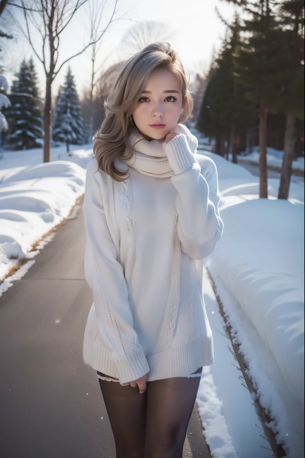 Winters,snow landscape,Beautiful age girl,lacepantyhose,Random color,long sweater,scarf,depth of fields,Real light,Ray traching,OC renderer,UE5 Renderer,Hyper-realistic,best qualtiy,8k,Works of masters,super-fine,Detailed pubic hair,Correct anatomy