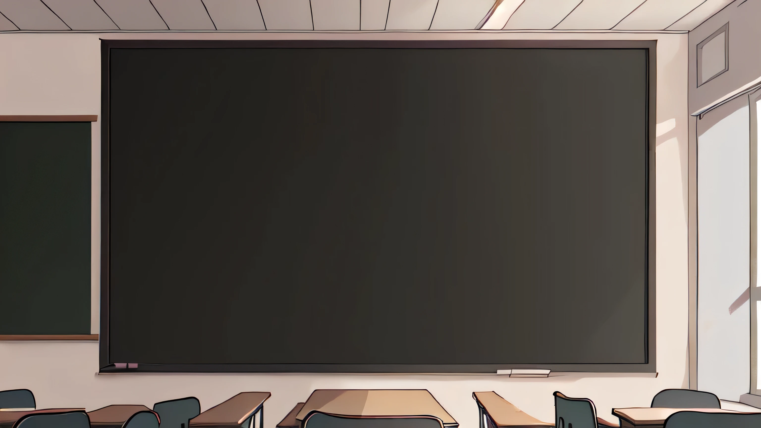 Anime classroom, no people, only chalkboard