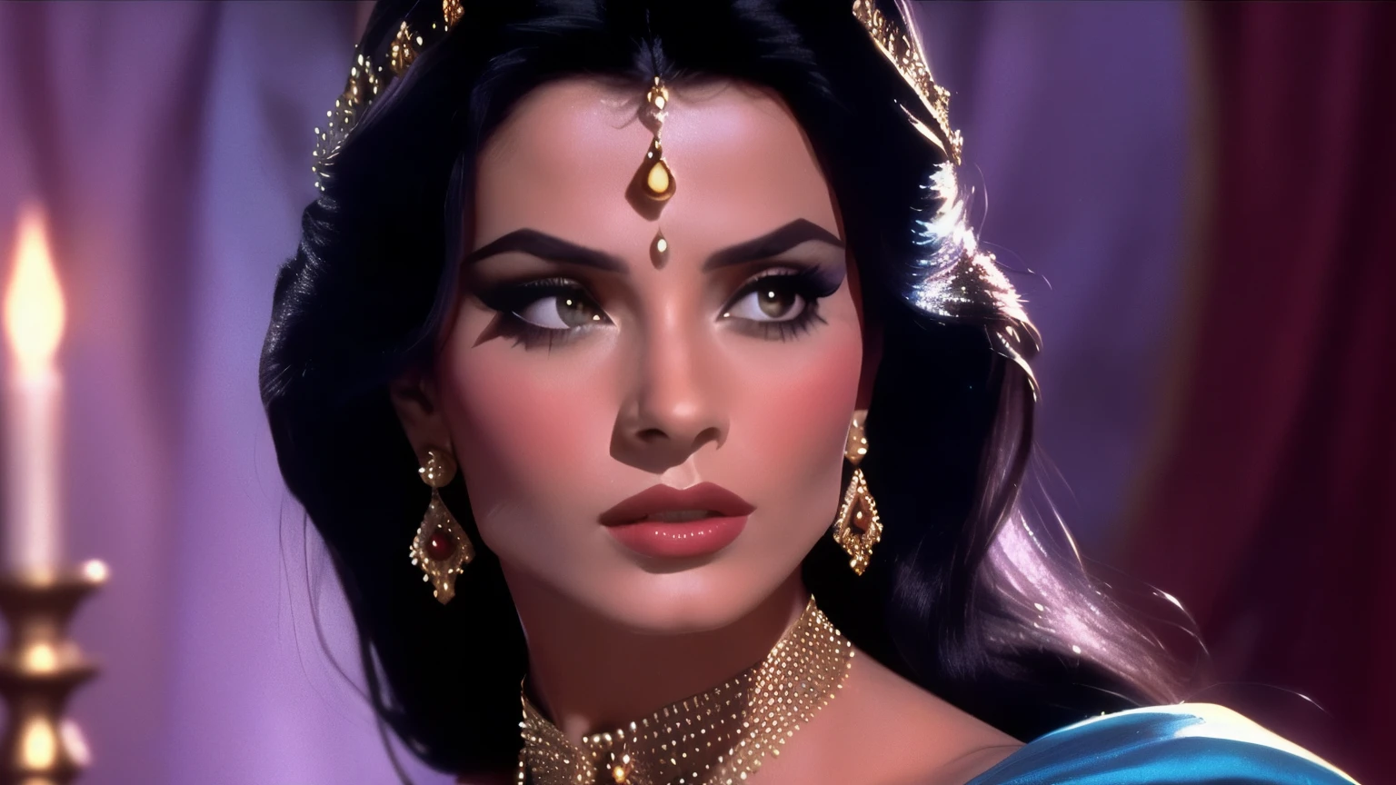 detailed portrait of princess jasmine, dvd screengrab from 1982s dark fantasy film, realistic retro film style, aladin disney movie, 1980s dark fantasy film expressive face