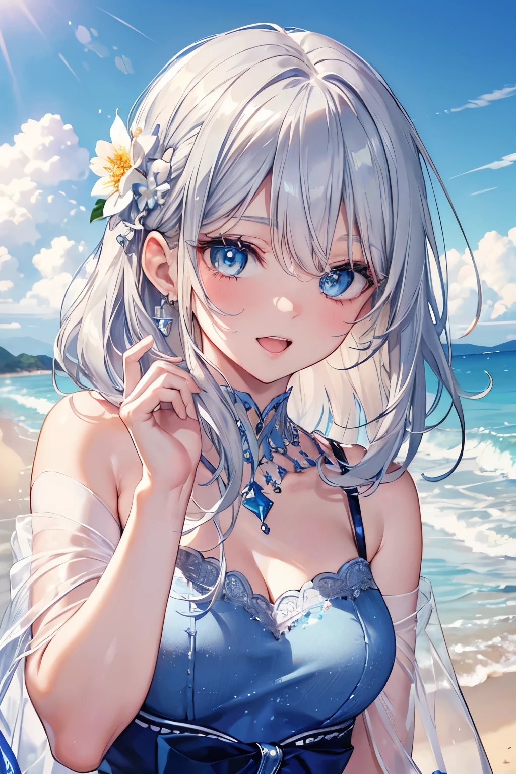 (Best quality,4K,8K,High resolution,Masterpiece:1.2),Super detailed,(Actual, Realistic),
break,
((Beautiful clear blue eyes:1.2)),very kind eyes,eyes wide open,beautiful eyelashes,beautiful lower eyelashes,
break,
((Beautiful and shiny silver hair:1.3)),A dazzling smile, a bursting smile, an open mouth laugh,
break,
floral pattern one piece,
break,
white sand beach