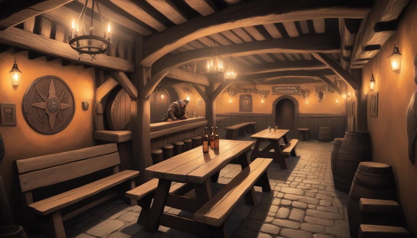 The Viking pub, bathed in dim torches, echoes with the scent of mead and wood, its rugged benches and tables telling tales of ancient feasts and battles. only one man sits at the far end of the pub.
