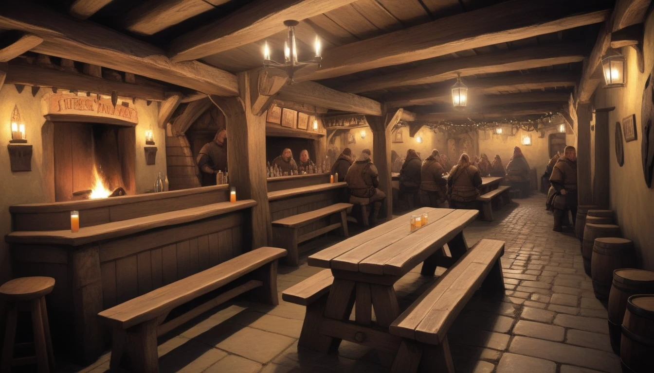 The Viking pub, bathed in dim torches, echoes with the scent of mead and wood, its rugged benches and tables telling tales of ancient feasts and battles. only one man sits at the far end of the pub.