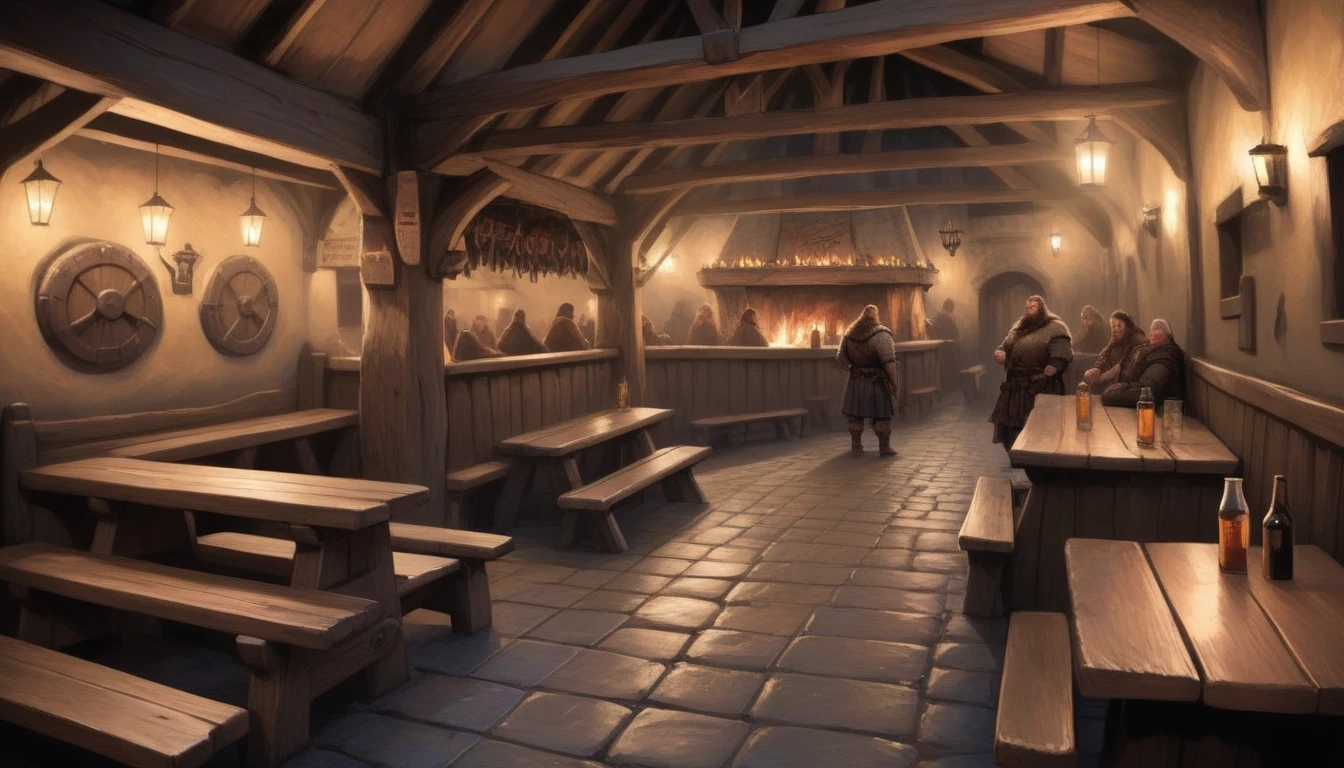 The Viking pub, bathed in dim torches, echoes with the scent of mead and wood, its rugged benches and tables telling tales of ancient feasts and battles. only one man sits at the far end of the pub.