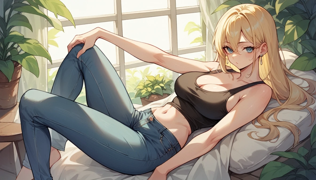 Blonde Medium Long,Eye color is blue、Black tank top、Skinny jeans and light clothing、A pure white and voluptuous cleavage that is typical of a beautiful white woman