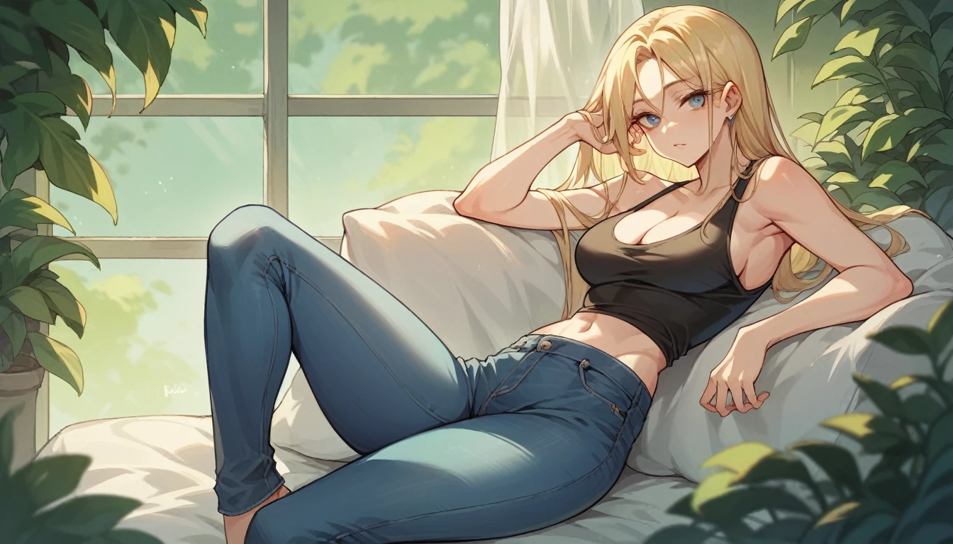 Blonde Medium Long,Eye color is blue、Black tank top、Skinny jeans and light clothing、A pure white and voluptuous cleavage that is typical of a beautiful white woman