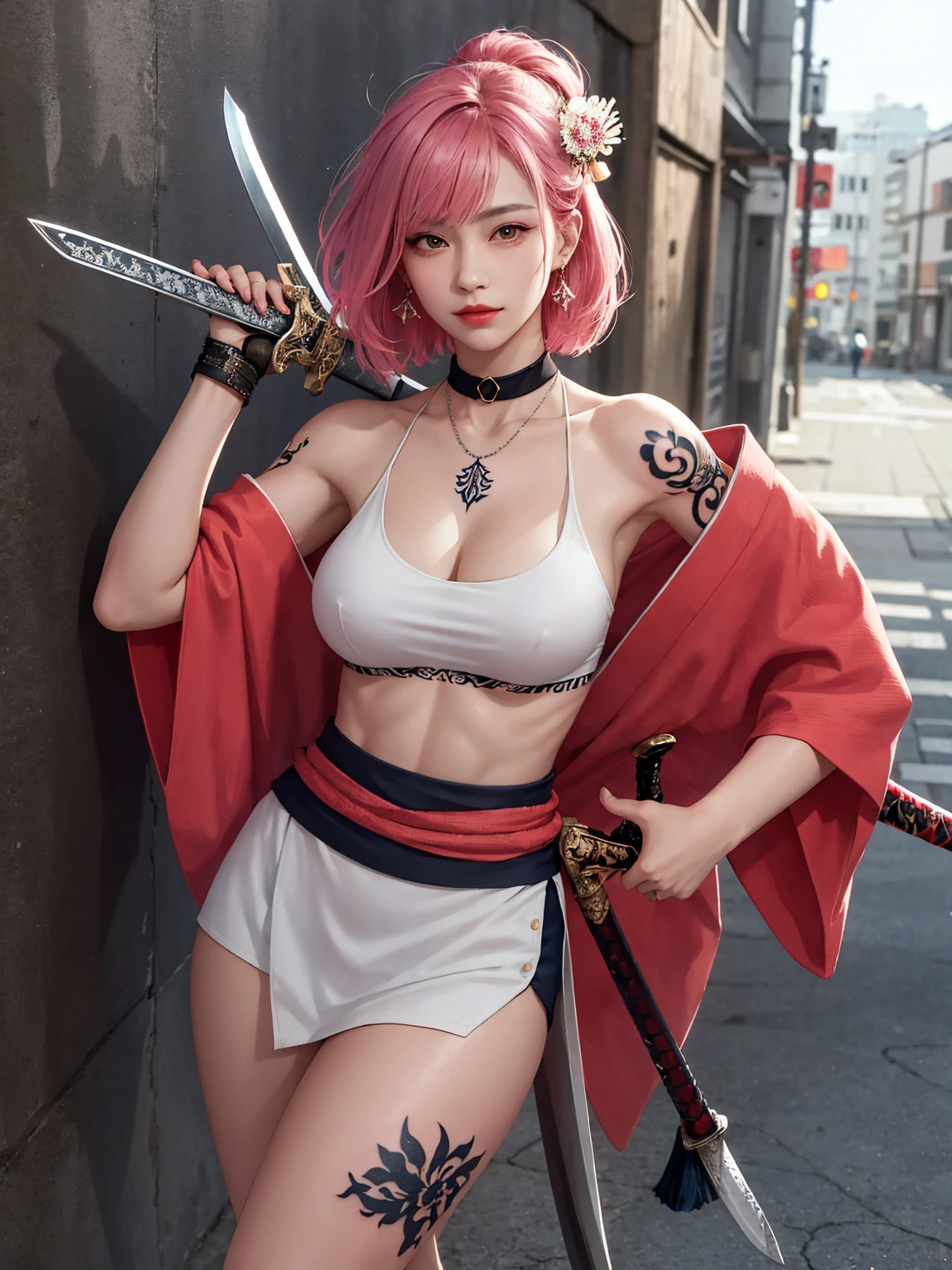 (Masterpiece, best quality, 1 girl, alone, complicated details, Chromatic aberration), realistic, ((Moderate breath)),long hair, pink hair, Red headpiece, Pink Highlights, hair on one eye,purple eyes, earring, sharp eyes, choker, Neon coat, She wears a collar, bangle, and kimono style garters., crop top, (symmetrical eyes),(Perfect symmetrical body),against the wall, Brick wall, (colorful graffiti words on the wall:1.2), The light is dim., alley ,Look at the viewer.、Dig the chest、smile、(sleeveless、Navel touch、Fitted turtleneck.)、street string hot pants、Thin bottom、Please build above the eaves..、Thin shoulders、Beautiful Thai-Melanesian woman, (), pretty face, red lips,
BREAK,
Athletic feminine body, Female fitness model body, Hard toned feminine body, (muscles: 1.2), (beautiful navel),
BREAK,
Mixed martial arts, Kung fu fighter, Japanese idol,
BREAK,
(wearing cute kimono: 1.3), Red high heels, necklace, earrings, short length,
BREAK,
Short hair, (Bob hair), (Bangs: 1.2), (Rainbow hair), (Wavy hair),
BREAK,
(Holding a very large sword in hand, Holding a sword handle in hand, Standing with a very large sword, Raising a very large sword: 1.4), (Samurai in a fighting stance),
BREAK,
(Large tattoos all over body, Japanese tattoos on 80% of the body: 1.4),
BREAK,
Masterpiece, Perfect lighting, Ultra high resolution, 8K, (Highly detailed: 1.4), From the front, looking at the camera, melancholy expression,
BREAK,
(Tokyo city, many people in the background), Tokyo city background,