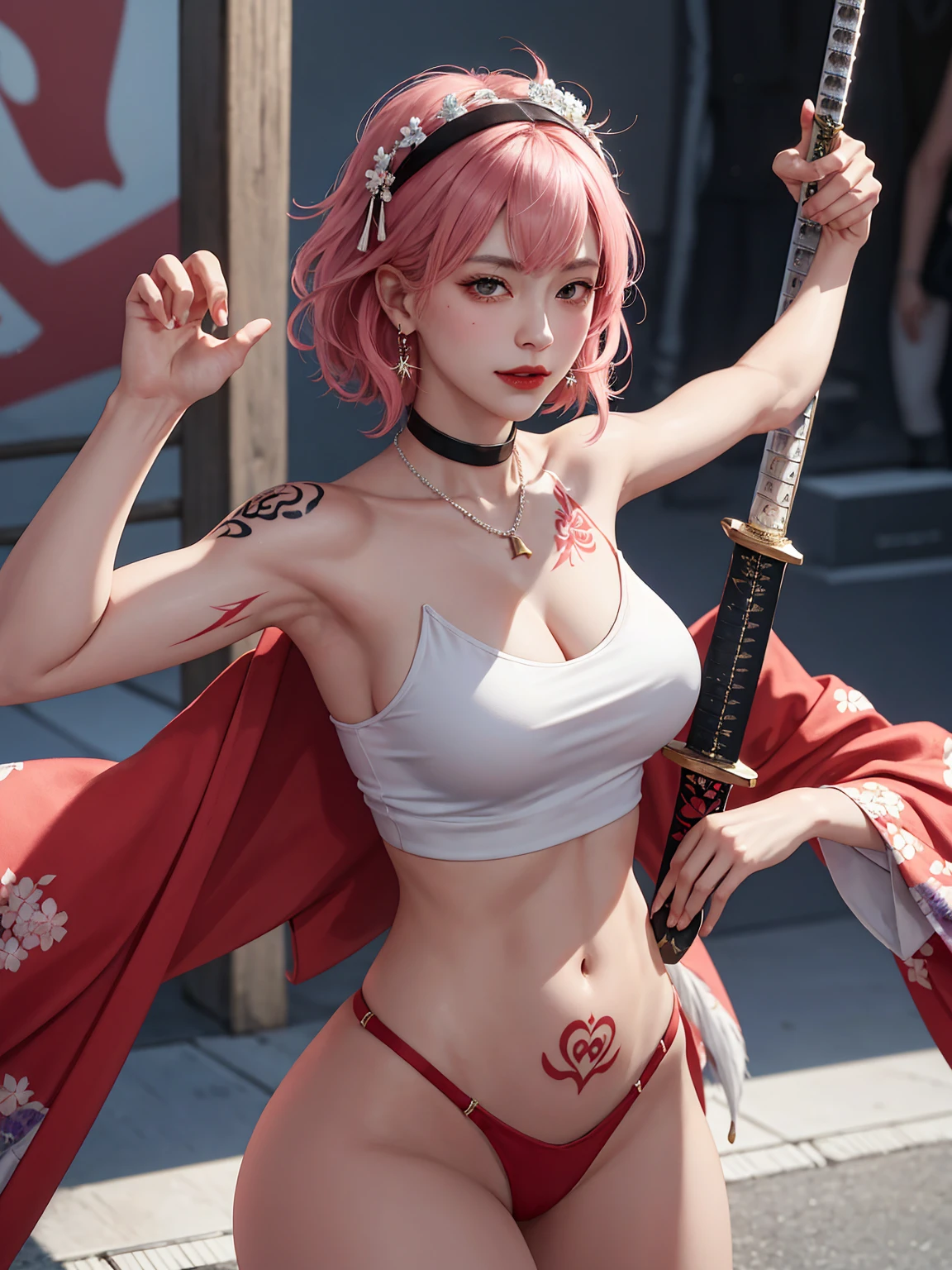 (Masterpiece, best quality, 1 girl, alone, complicated details, Chromatic aberration), realistic, ((Moderate breath)),long hair, pink hair, Red headpiece, Pink Highlights, hair on one eye,purple eyes, earring, sharp eyes, choker, Neon coat, She wears a collar, bangle, and kimono style garters., crop top, (symmetrical eyes),(Perfect symmetrical body),against the wall, Brick wall, (colorful graffiti words on the wall:1.2), The light is dim., alley ,Look at the viewer.、Dig the chest、smile、(sleeveless、Navel touch、Fitted turtleneck.)、street string hot pants、Thin bottom、Please build above the eaves..、Thin shoulders、Beautiful Thai-Melanesian woman, (), pretty face, red lips,
BREAK,
Athletic feminine body, Female fitness model body, Hard toned feminine body, (muscles: 1.2), (beautiful navel),
BREAK,
Mixed martial arts, Kung fu fighter, Japanese idol,
BREAK,
(wearing cute kimono: 1.3), Red high heels, necklace, earrings, short length,
BREAK,
Short hair, (Bob hair), (Bangs: 1.2), (Rainbow hair), (Wavy hair),
BREAK,
(Holding a very large sword in hand, Holding a sword handle in hand, Standing with a very large sword, Raising a very large sword: 1.4), (Samurai in a fighting stance),
BREAK,
(Large tattoos all over body, Japanese tattoos on 80% of the body: 1.4),
BREAK,
Masterpiece, Perfect lighting, Ultra high resolution, 8K, (Highly detailed: 1.4), From the front, looking at the camera, melancholy expression,
BREAK,
(Tokyo city, many people in the background), Tokyo city background,