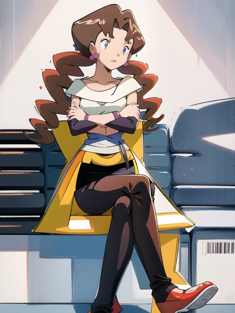 1girl, solo, sitting, looking_down, crossed_legs, crossed_arms, masterpiece, high quality, best quality, Caroline_(pokemon)