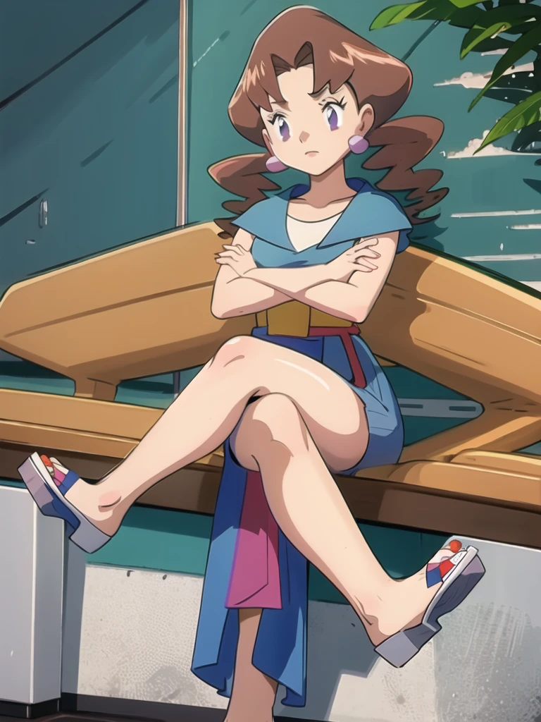 1girl, solo, sitting, looking_down, crossed_legs, crossed_arms, masterpiece, high quality, best quality, Caroline_(pokemon)
