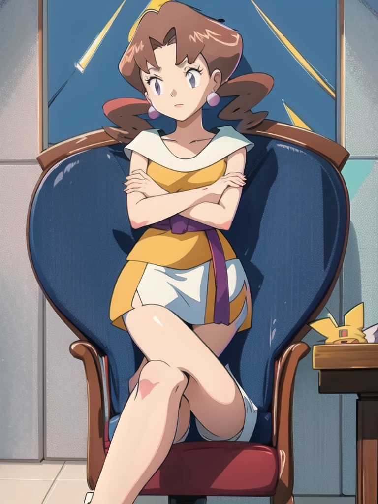 1girl, solo, sitting, looking_down, crossed_legs, crossed_arms, masterpiece, high quality, best quality, Caroline_(pokemon)