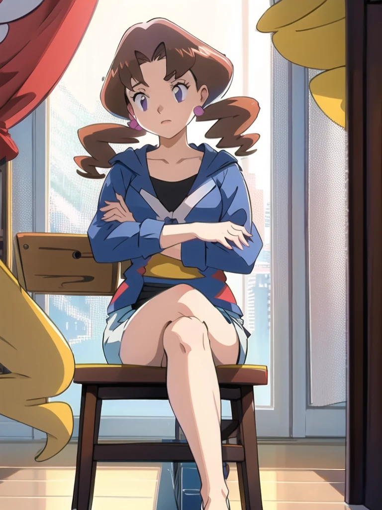 1girl, solo, sitting, looking_down, crossed_legs, crossed_arms, masterpiece, high quality, best quality, Caroline_(pokemon)
