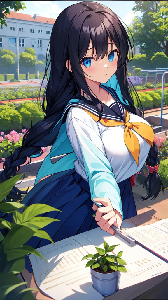 best quality, extremely detailed,anime style girl,long hair down to the waist, straight hair, ((dark black hair with bluish)),braid,beautiful detailed eyes, pinched eyes, (dark blue eyes),huge breasts,curvy,((((white main brightly colored princess school uniform)))),clothing with complex patterns,cool expression,((((school garden)))),((((Diagonal angle))))