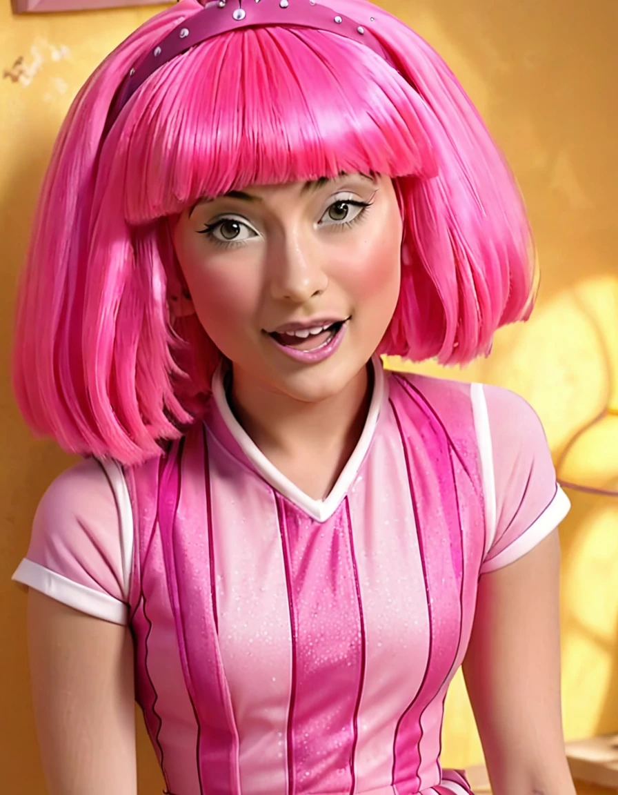 stephanie, lazy town, pink wig, stripped dress, blowjob, from above