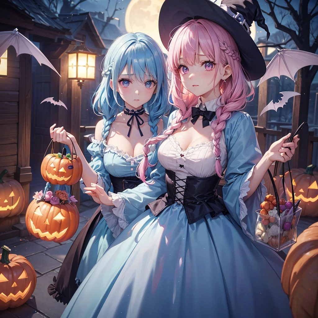 (Light blue medium hair:1.2),(Braided hair:1.2)、Pink eyes、Fair skin、cowboy shot、Halloween、The background is a pumpkin ghost、Crescent Moon、Trick or Treat、A lot of sweets、witch、Halloween night、Candy、many bat、Condescending expression、solo、(masterpiece、Highest quality、Very detailed、Best Shadow)、(Detailed Background)、(Beautifully detailed face)、High contrast、(Best lighting、Very delicate and beautiful)、(Cinematic Light)、colorful、Hyper Detail、Dramatic Light、Exquisite detail、