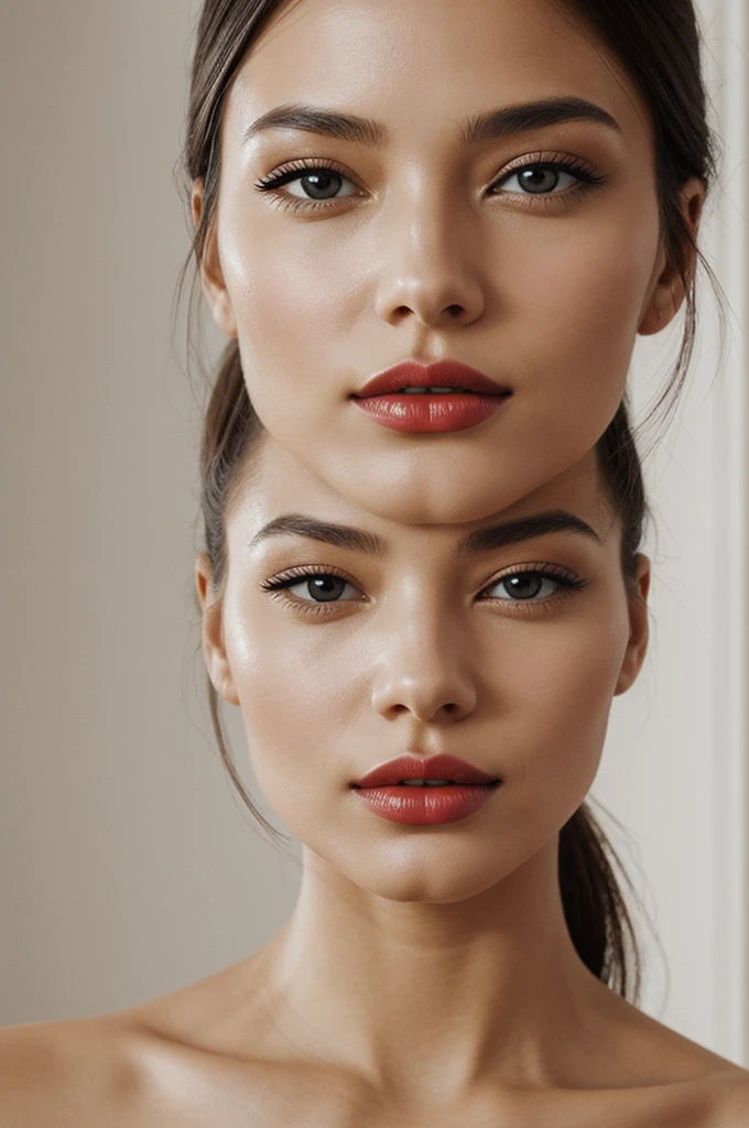 A captivating minimalist portrait of a woman's face, expertly crafted . The design highlights the eyes, nose, and red lips in a sleek and modern style. The woman's eyes are gently opened lookingatthecamera, and her lips are delicately parted, exuding a sense of tranquility and calm. She touches her cheek gently The simplified, curved lines of the facial features create a stylish and sophisticated aesthetic, making the image a true work of art.Less