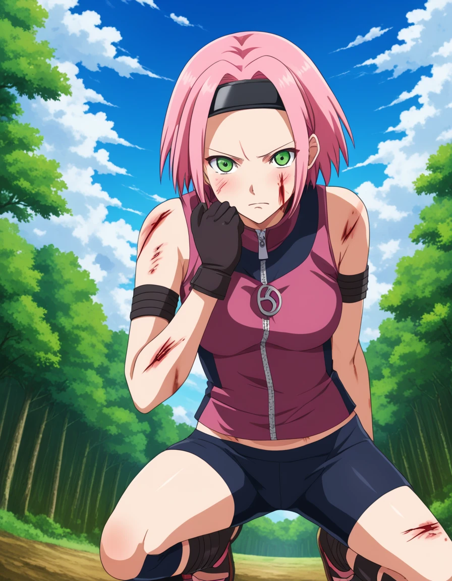 score_9, score_8_up, score_7_up, source_anime,
sakuraharuno, sakura haruno, short hair, green eyes, pink hair, parted bangs, hairband, forehead protector, injury, bruise, cuts, bleeding,
gloves, green eyes, sleeveless, black gloves, red shirt, zipper, forehead protector, konohagakure symbol, boots, bike shorts, zipper, toeless footwear,
outdoors, forest, nature, sky, sun, clouds,
looking at viewer, cowboy shot, dutch angle, dynamic pose,