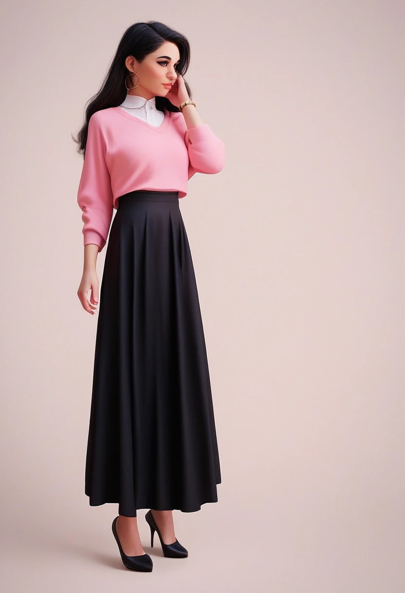 susan_smith, 1girl, full body, solo, simple background, pale brown skin, black hair, brown eyes, black eyelashes, pink sweater, black skirt, white shirt