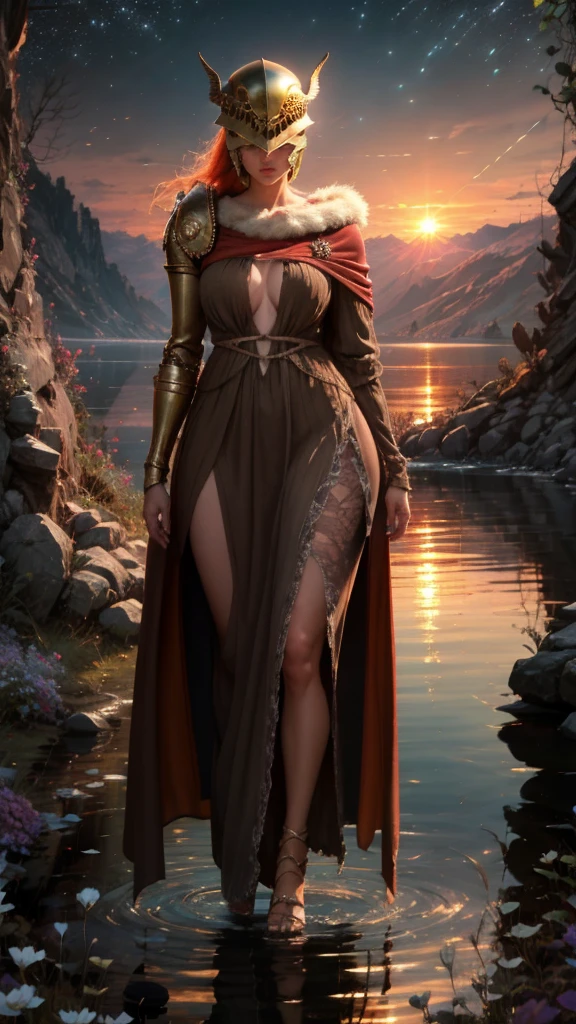  High Quality, Masterpiece, beautiful, Malenia, prothestic leg, single mechanical arm, prosthesis, armor, cape, helmet, brown silk dress, full body, wide shot, flower, water, solo, sunset, stylebuff, night, (dark environment), brown thorn-woven dress, valley of withered flowers, ancient sculptures around it, figure hugging, very small breasts, woman