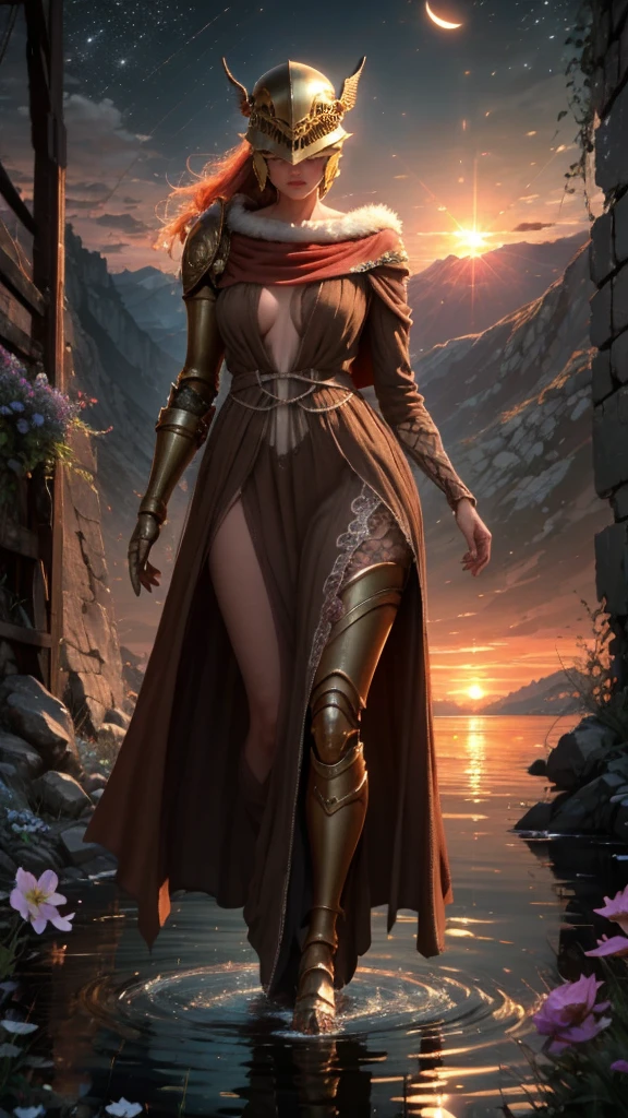  High Quality, Masterpiece, beautiful, Malenia, prothestic leg, single mechanical arm, prosthesis, armor, cape, helmet, brown silk dress, full body, wide shot, flower, water, solo, sunset, stylebuff, night, (dark environment), brown thorn-woven dress, valley of withered flowers, ancient sculptures around it, figure hugging, very small breasts, woman