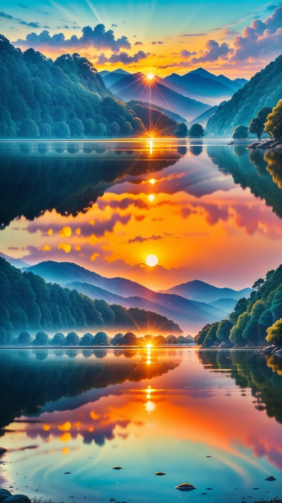 Imagine a serene sunrise over a lush forest., lush scenic landscape, The first rays of sunlight、A place where you can gently stroke the dewy leaves and petals. The bird wakes up from its sleep, Their beautiful songs fill the air with a soothing symphony.. At the waterfront, Gentle waves crash on the shore, Crystal-like ripples、Reflecting the golden color of the rising sun、Sparkling like a diamond. The landscape is full of vibrant colors, From lush greens to fiery oranges and reds on the horizon. The peaceful scene、Inspires renewal and positive feelings