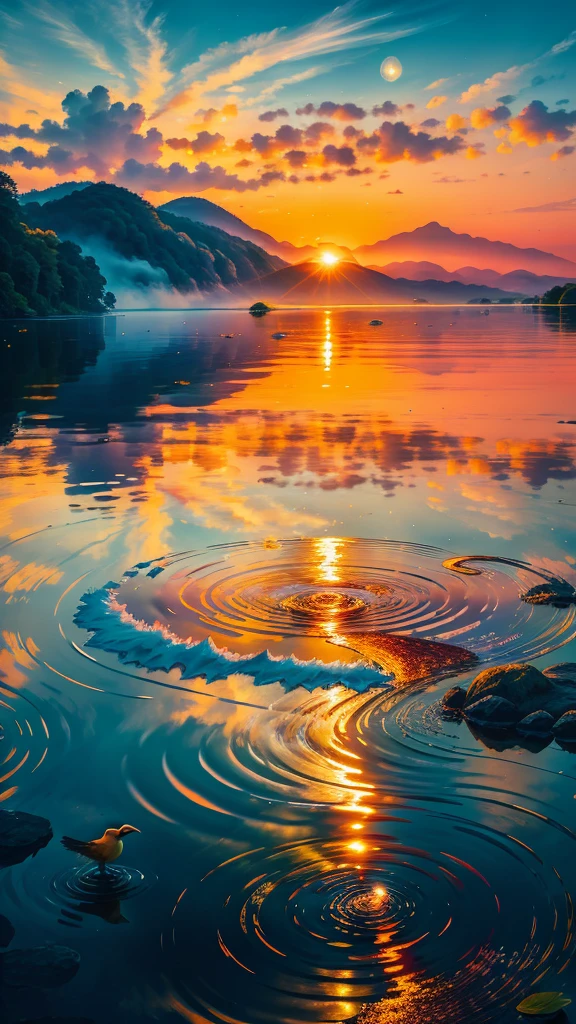 Imagine a serene sunrise over a lush forest., lush scenic landscape, The first rays of sunlight、A place where you can gently stroke the dewy leaves and petals. The bird wakes up from its sleep, Their beautiful songs fill the air with a soothing symphony.. At the waterfront, Gentle waves crash on the shore, Crystal-like ripples、Reflecting the golden color of the rising sun、Sparkling like a diamond. The landscape is full of vibrant colors, From lush greens to fiery oranges and reds on the horizon. The peaceful scene、Inspires renewal and positive feelings