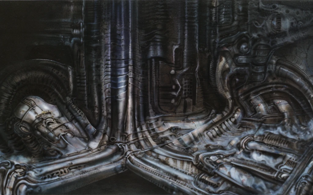 g1g3r, The image is a detailed view of H.R. Giger's biomechanical tableau \" LANDSCAPE No 312 \" plate, featuring
a complex, intricate, and detailed design of endless Machine in the transit space over the cascade of fallen water, that appears to be a fusion of organic and mechanical elements, with a focus on the interplay between the two.The piece is a tableau, most likely created with a India ink pen or pencil on paper, determined by the thin lines, shading techniques, and the texture of the paper, which is visible around the edges.
Used is pen, given the shading and variations in line weight visible in the image. Artist have used a variety of stylus with different degrees of hardness to achieve the shading effects.
 The use of undersaturated green-grays dark contrasts creates a stark and graphic look. Is used a variety of linework techniques to create different textures. Fine, parallel lines create a smooth, metallic texture,while thicker, more cursive lines suggest cables or wires.
Light source from the top highlights skeletals, pper part of foreground, lower part of image is in shadowupper part of foreground, lower part of image is in shadow.
The art performance showcases the artist’s skills in observation and rendering. The level of detail in the piece suggests a close study of real bone specimens and mechanics. The artist has skillfully used shading techniques to create a convincing illusion of three-dimensionality on a flat surface. The wrinkles and cracks in the surface, and the cast shadows with accuracy, used shading techniques to create a realistic depiction of light and shadow on the objects. This creates a sense of depth and dimension in the image. The artist has used careful linework to depict the contours and textures in the piece
Sharp focus on foreground elements illustration. Deep and delicate DOF. Big painting. Stored in Louvre masterpiece, ooze soaked pajama top
