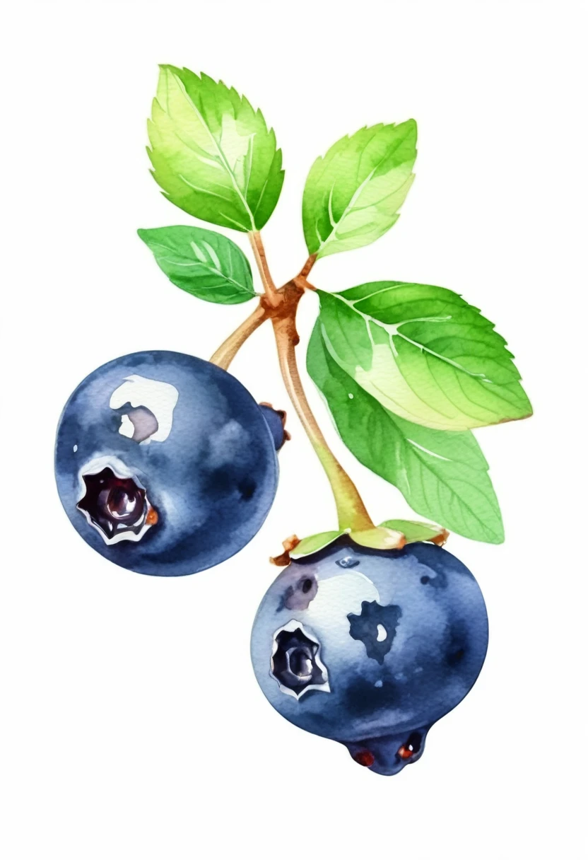 Bluberry fruit in watercolor style, against solid white isolated color