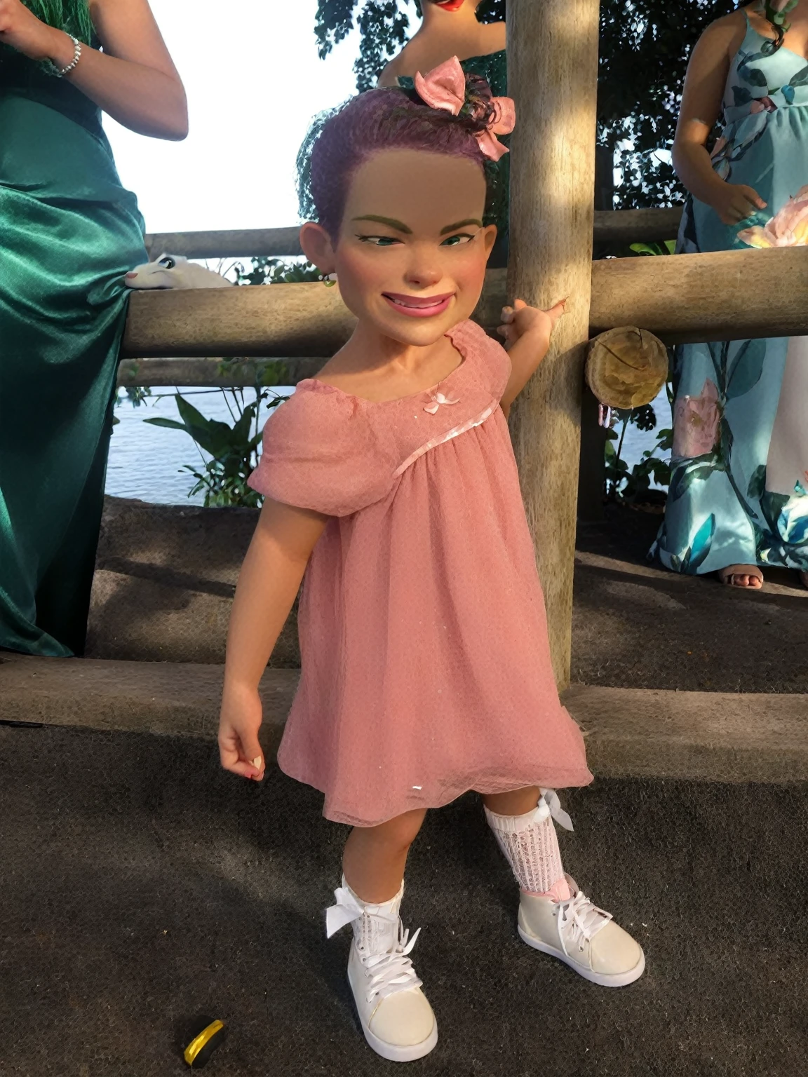The character must be female, green hair with glitter, short height, is wearing a shiny pink dress, is happy, the color of the character is green, neutral background color giving emphasis to the character, only the main character, 3D, 4K or more faithful and similar to the characters in the film