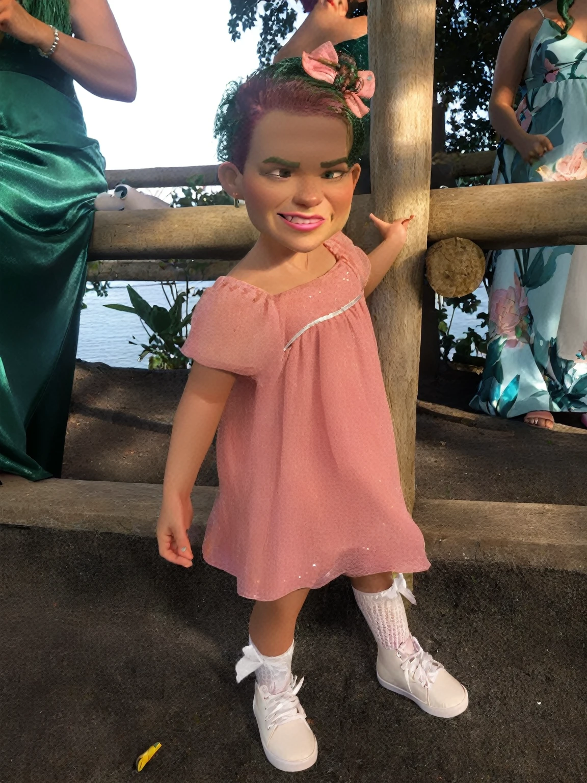 The character must be female, green hair with glitter, short height, is wearing a shiny pink dress, is happy, the color of the character is green, neutral background color giving emphasis to the character, only the main character, 3D, 4K or more faithful and similar to the characters in the film