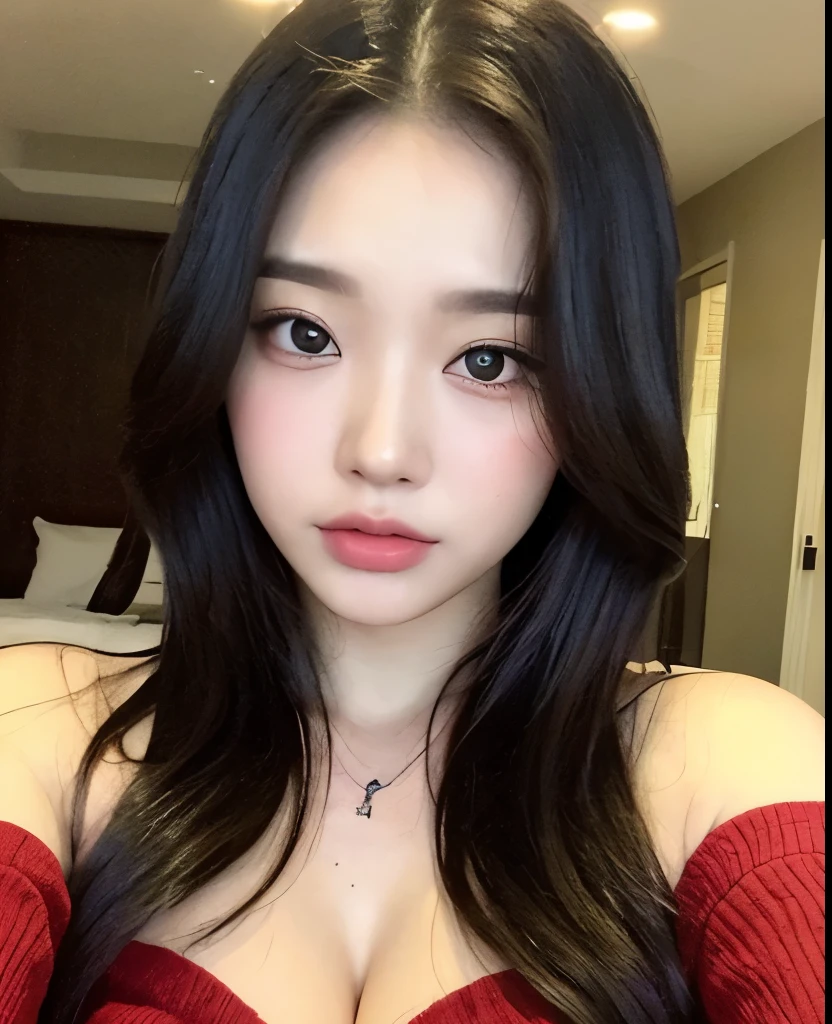 Very low quality picture ( low quality) a woman with korean aegyosal pretty eyes, heart shaped face, fair, long black wavy hair, big tits, wearing a red off shoulder top with cleavage showing , a low budget room on background, make the girl pretty, make her laying on the bed and with her pov if taking s selfie, make the tits big, make the photo quality low as if it's taken from a android phone 