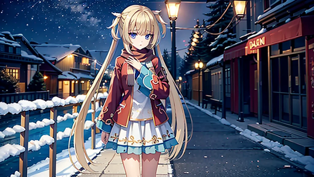 ((masterpiece)),(best quality),Official Art,Extremely detailed CG,Unity 8K wallpaper,Very detailed,Beautiful and delicate eyes,Extremely detailed face,1 girl,solitary,,(whole body:1.5),(small:1.3),,winter,Snowflakes fell in the sky,Light up the lights,Wish you a Happy New Year,Spring Festival,Wear a long red scarf,Red Jacket,Walking in the street,Celebrate in a warm atmosphere