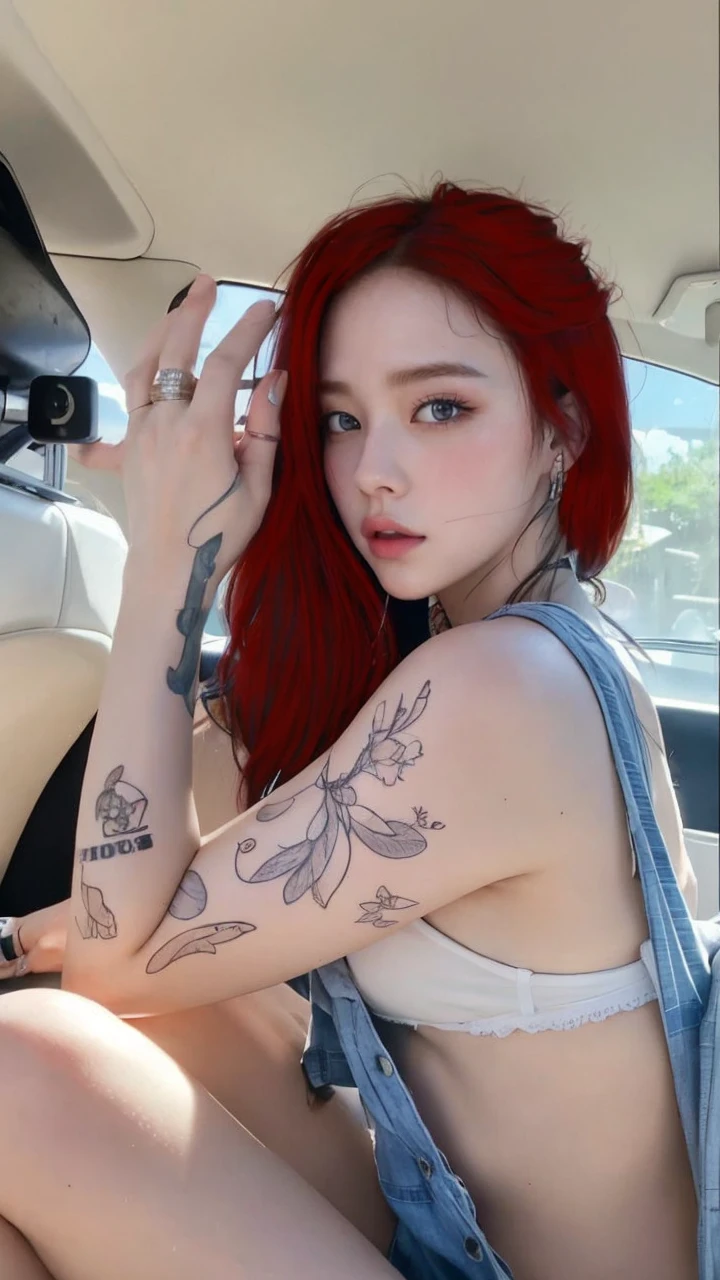 Jennie BlackPink with red hair and blue eyes posing for a photo, flowing russet hair, fada ellie bamber, long glowing red hair, long russet hair, red wavy hair, red hair and attractive features, jennie blackpink, she has long curly hair, russet hair, long loose red hair, russet hair with freckles, long flowing red hair, red-haired girl