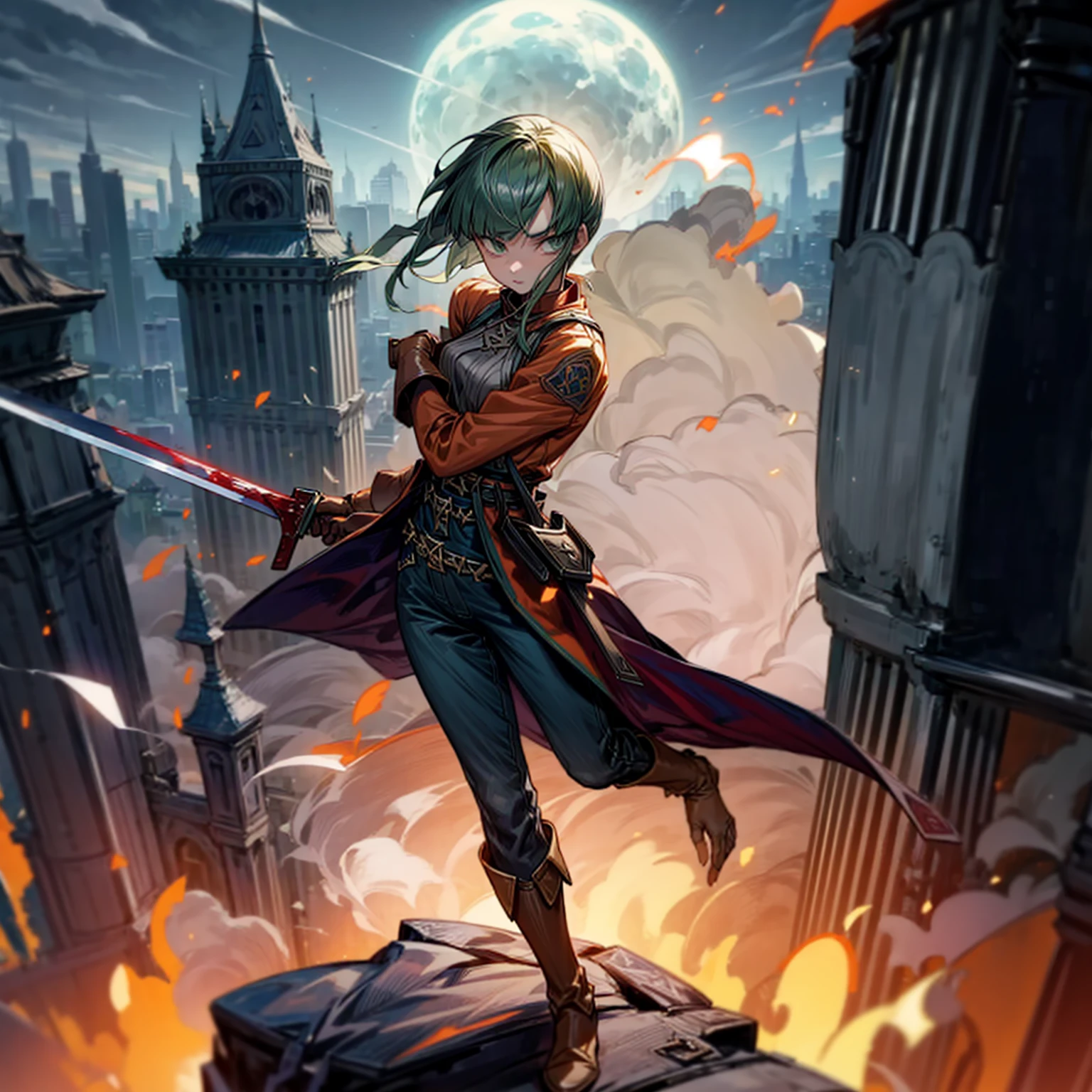 1girl, Full body version, 1character, green eyes, short haircut, (green color hair), soldier style clothing, red colour clothing, jacket, jeans, belt, boots, gloves, Grassroots, background On the roof of a city building, motion blur, (detective conan style art), sword in hand, fire effect on sword, lighting effect on sword, fire effect, smoke effect, aura effect, Moonlight, bloody background, blood on face, blood on shirt, blood on sword