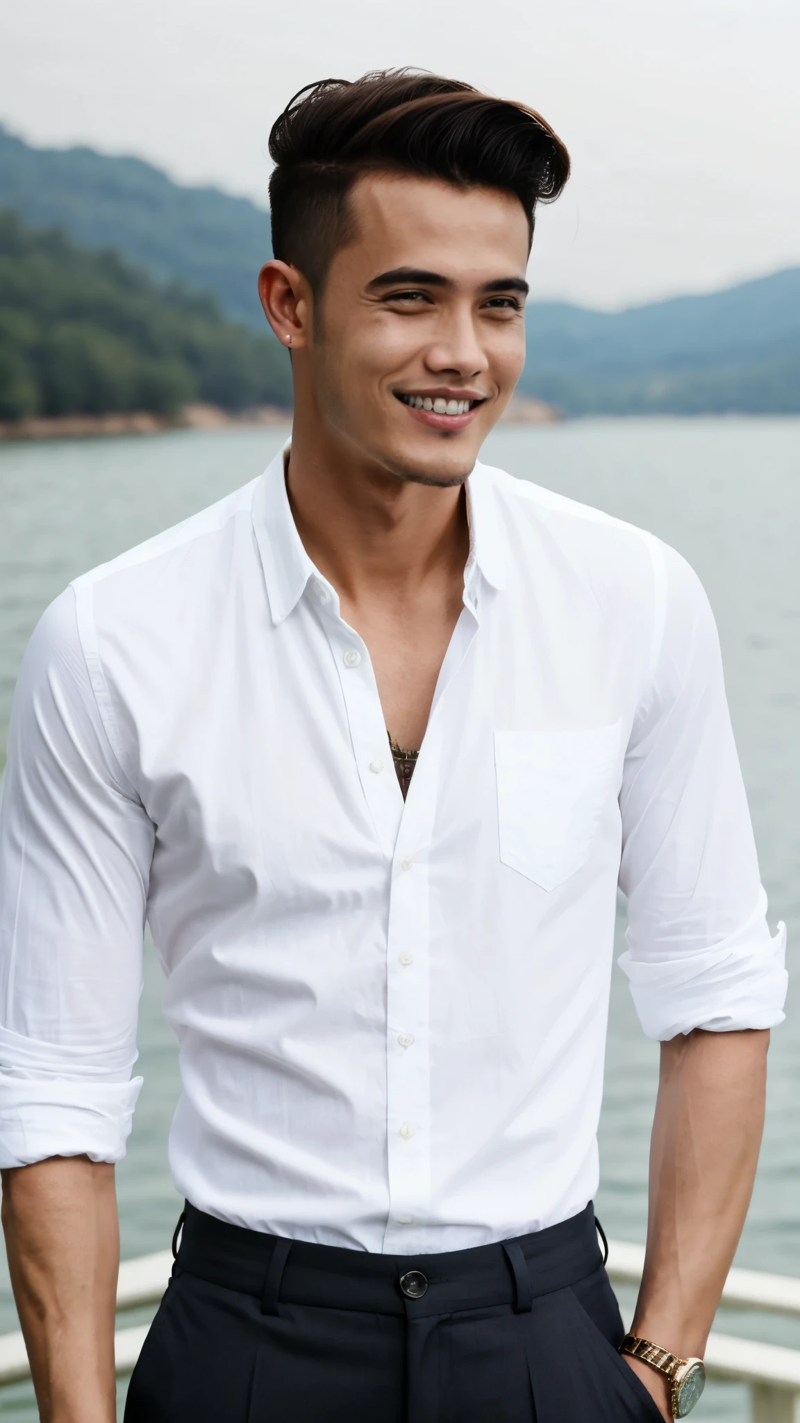 ((best quality)), ((masterpiece)), (detailed), 1man /malaysia. skinny. wear reyban. presley hairstyle. retro style. at lake. big teeth. wear shirt.