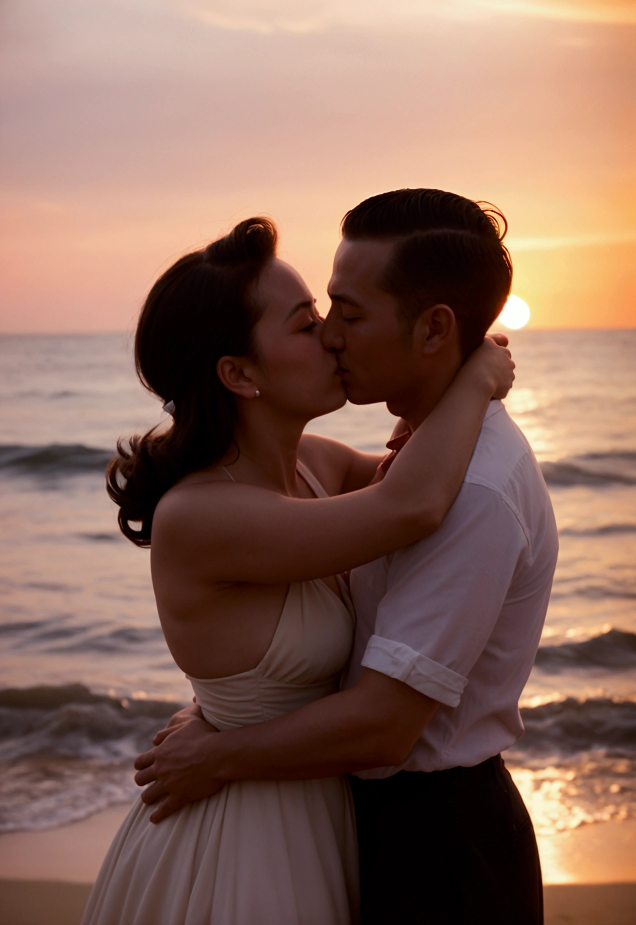 couple, 50s, at beach, sunset. They are hugging each other in a romantic atmosphere. Period Photography, analog, half body close up
