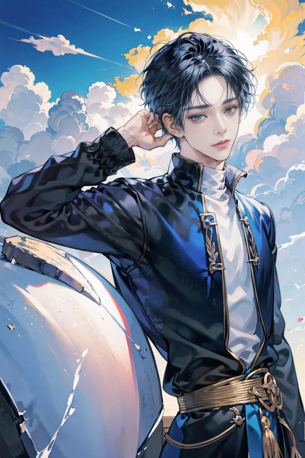 anime boy with black,blue and white hairs and blue eyes wearing a blue jacket, an anime drawing by Kamagurka, pixiv, auto-destructive art, anime visual of a cute boy, anime moe artstyle, anime style 4 k, detailed digital anime art, clean detailed anime art, cute anime boy, splash art anime , , anime style. 8k