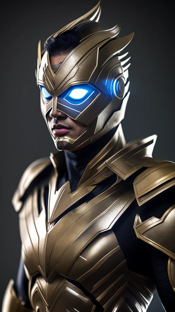 portrait hyper realistic ,Design an AI superhero from indonesia, a man wearing a modern costume inspired by local traditions and futuristic elements."Uhd