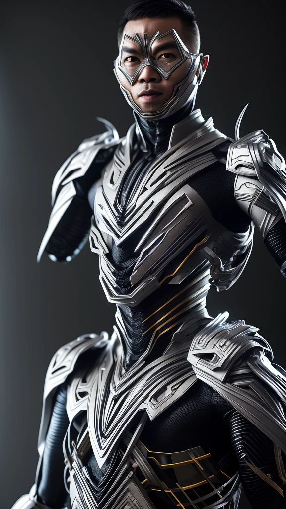 portrait hyper realistic  ,Design an AI superhero from indonesia, a man wearing a modern costume inspired by local traditions and futuristic elements."Uhd