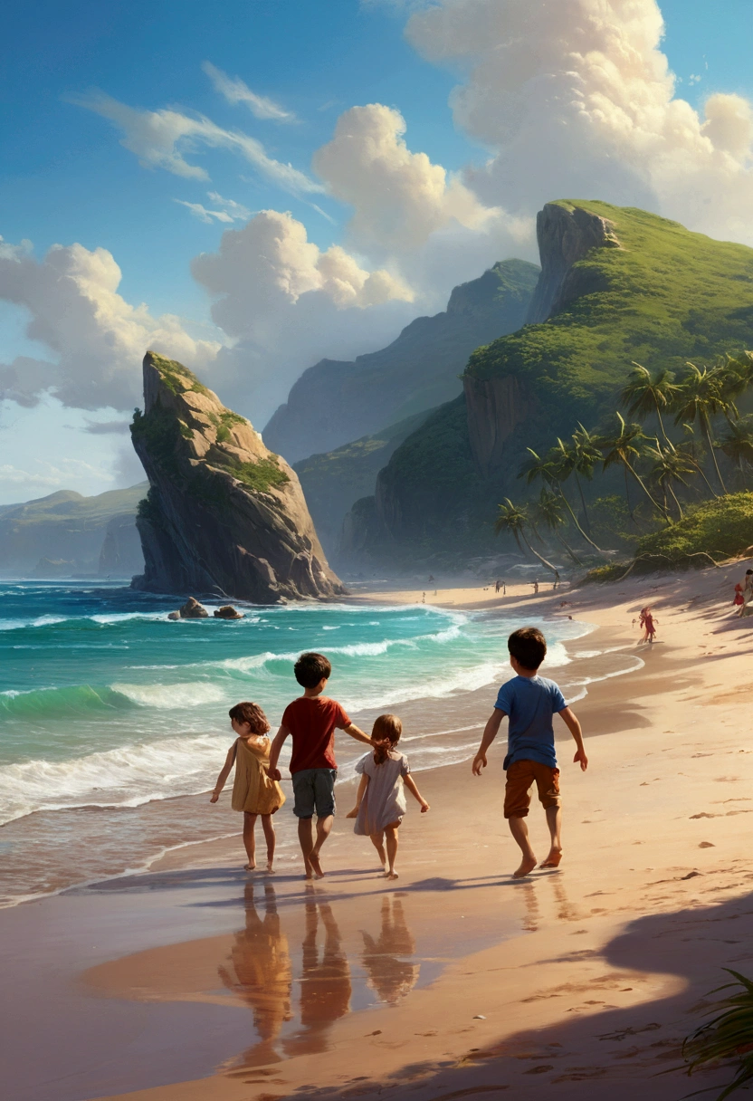 Children playing on the beach, ross tran. scenery background, ryan dyar, environment painting, Beautiful oil matte painting, photorealistic landscapes, 4k hd matte digital painting, 8 k resolution digital painting, 8k resolution digital painting, hyperrealistic landscape, inspired by Raphael Lacoste, Illustration matte painting, beautiful digital painting