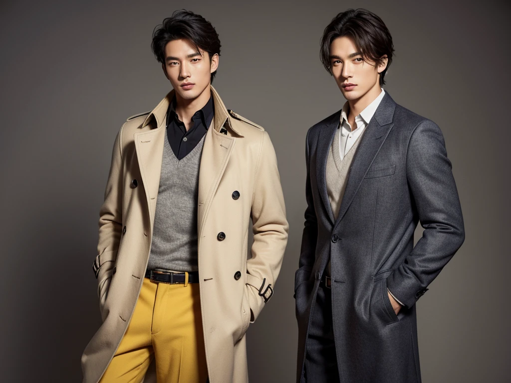 For men, match a trench coat with a striped suit jacket with jeans or grey wool pants with a camellia (dark yellow) cashmere V-neck sweater. (The model is handsome Asian.)