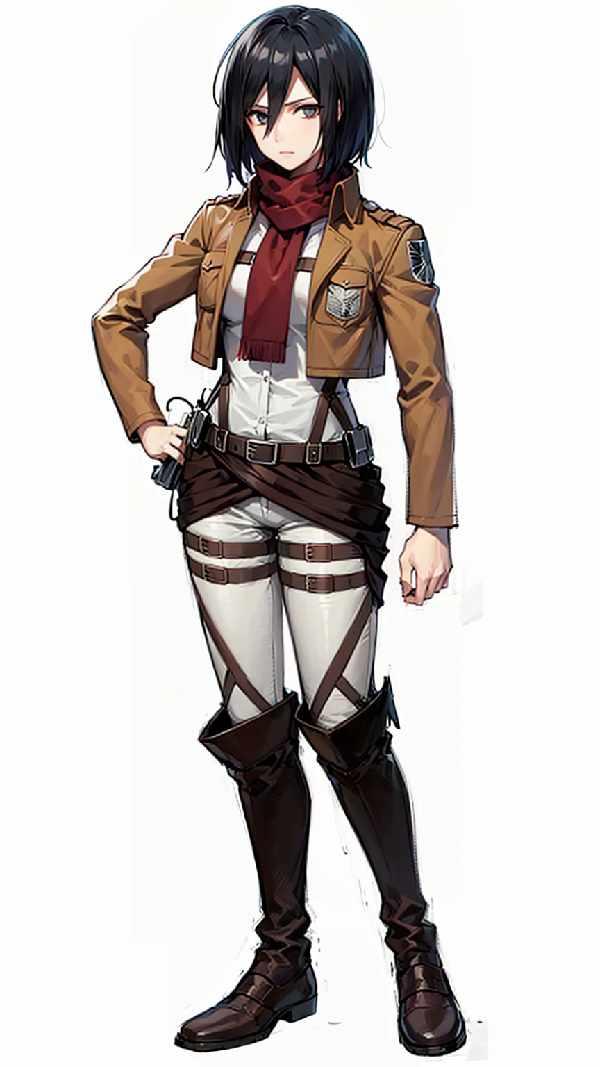 masterpiece, best quality, highres, hmmikasa, short hair, black eyes, scarf, emblem, belt, thigh strap, red scarf, white pants, brown jacket, long sleeves,