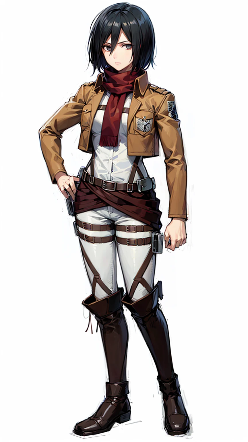 masterpiece, best quality, highres, hmmikasa, short hair, black eyes, scarf, emblem, belt, thigh strap, red scarf, white pants, brown jacket, long sleeves,