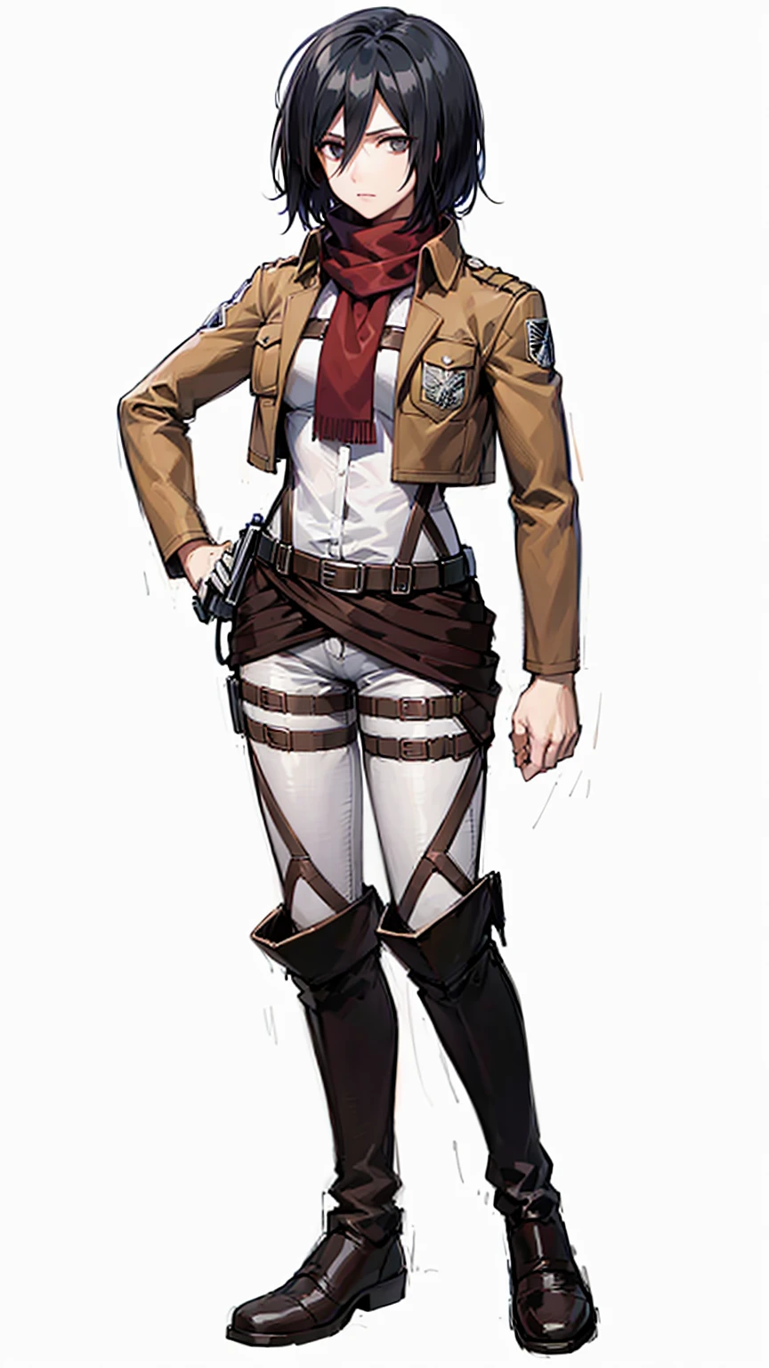 masterpiece, best quality, highres, hmmikasa, short hair, black eyes, scarf, emblem, belt, thigh strap, red scarf, white pants, brown jacket, long sleeves,