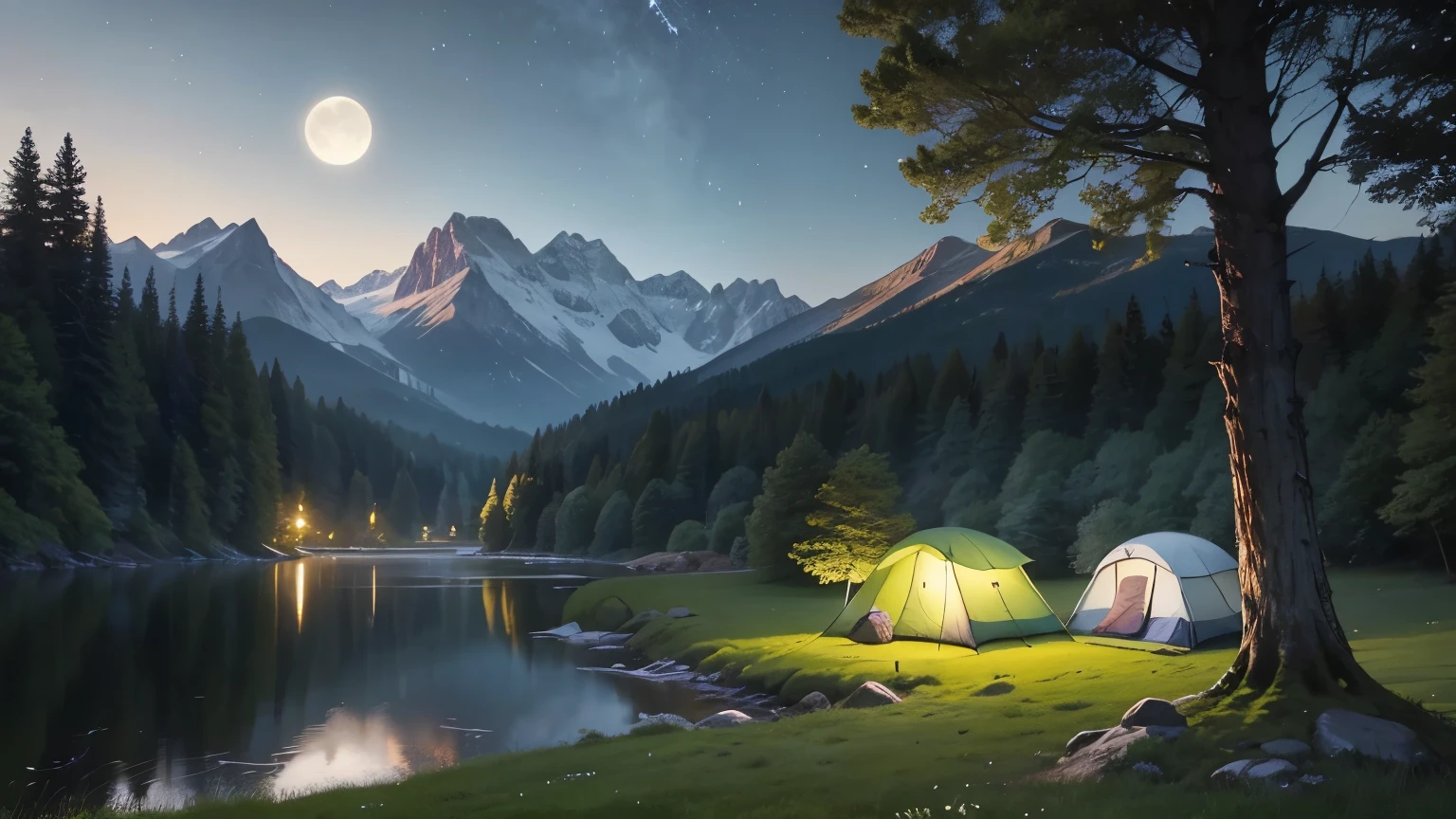 A picturesque and tranquil meadow depicted in an oil painting style, set during the evening or night. The lush green meadow is filled with vibrant wildflowers, now bathed in the soft glow of moonlight. The clear night sky is dotted with twinkling stars and a bright full moon. The view has shifted slightly, revealing a small campsite with two tents set up near the gentle stream winding through the meadow, reflecting the silvery light. Tall trees border the meadow, their leaves rustling softly in the night breeze, with the majestic mountains now partially hidden by the trees. The image should be highly detailed, 8k resolution, and capture the essence of a masterpiece, set in a peaceful and idyllic nighttime landscape
